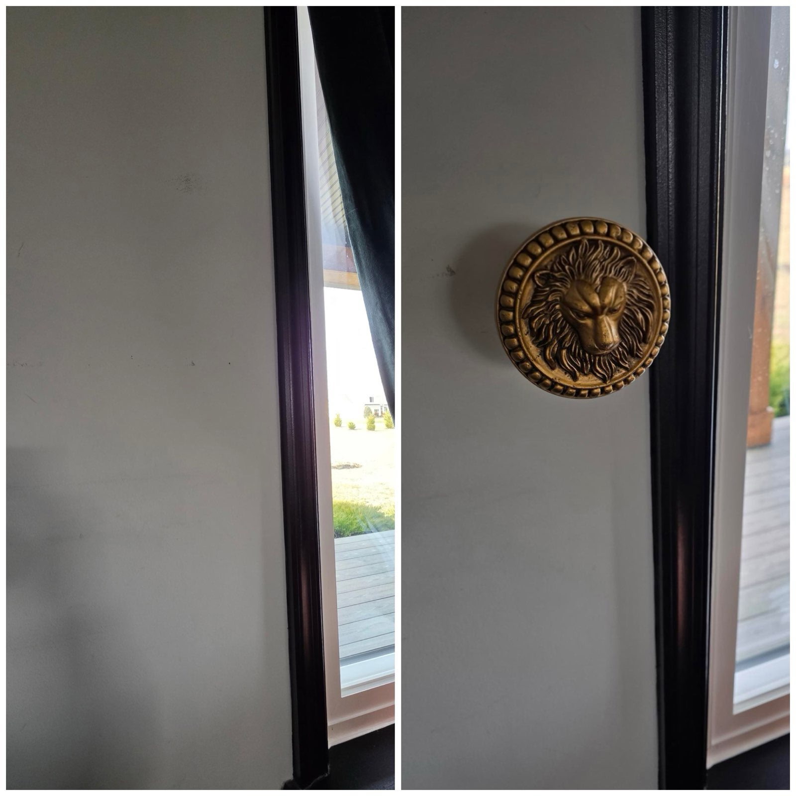 Decorative lion door knocker installed, before and after
