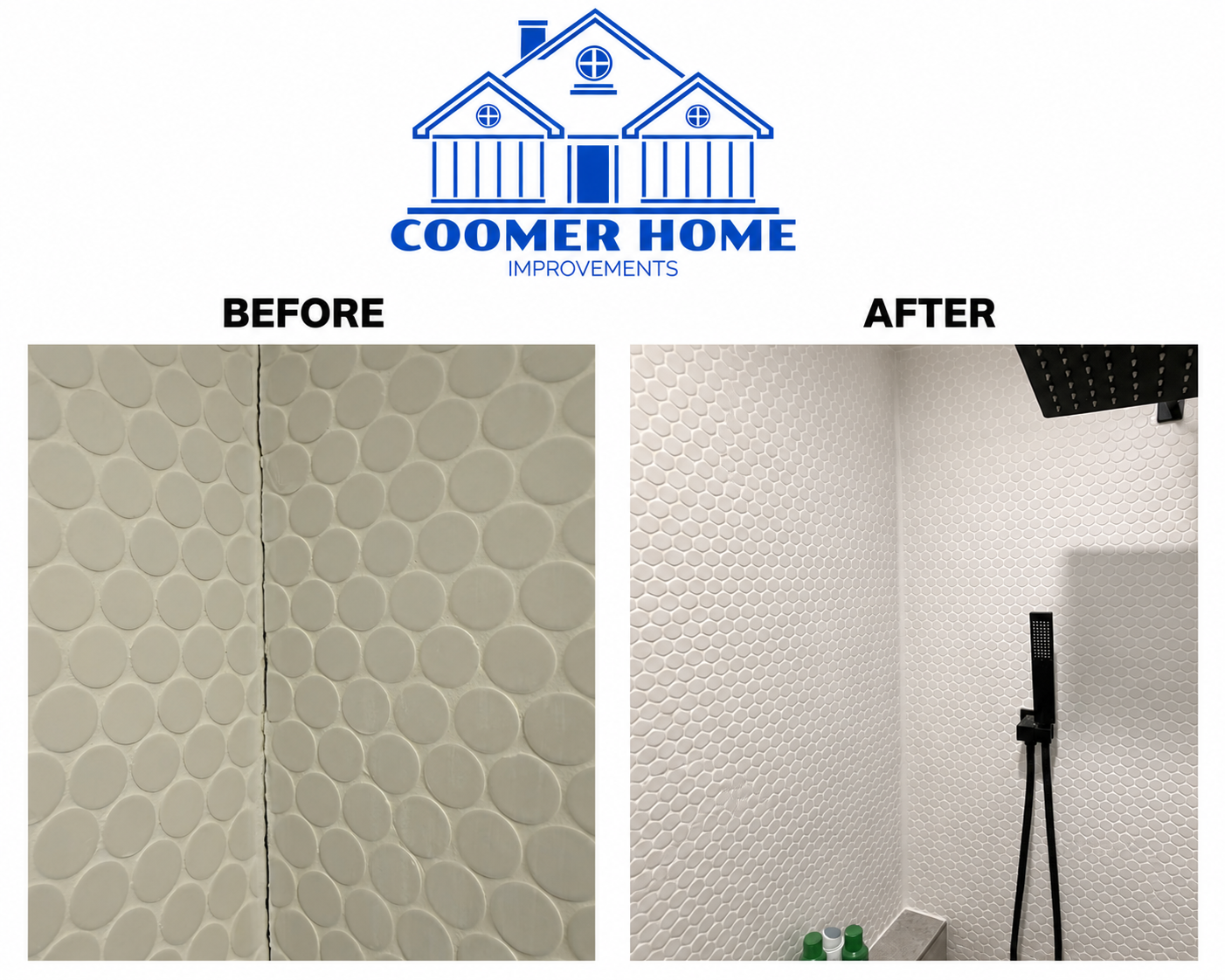 Shower wall retiled with new rain shower head, before and after