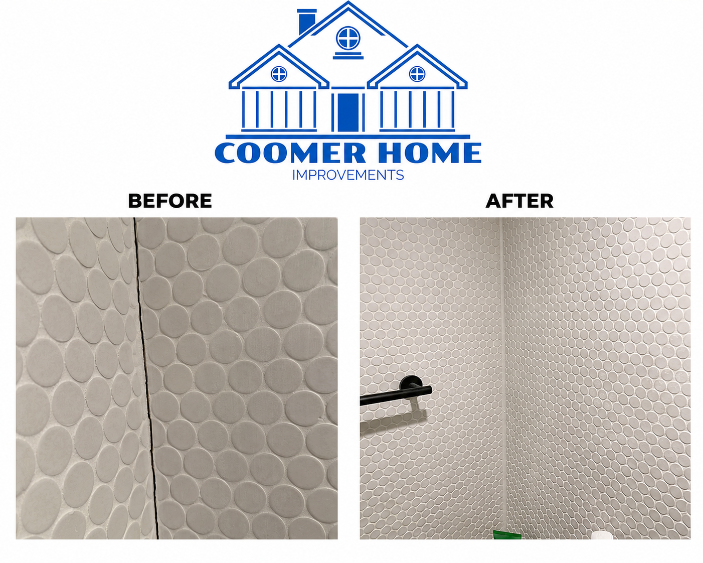 Shower wall retiled with new grab bar, before and after